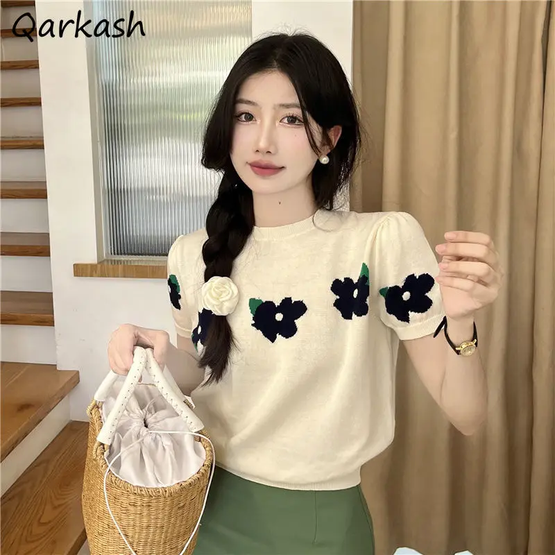 

Knitted Flower Short Sleeve T-shirts for Women Sweet Cute Elegant 2022 Summer New Arrival Korean Style Harajuku College Casual