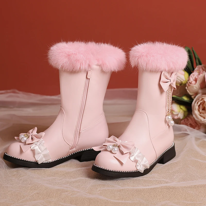 Бесплатная доставка зима 2023 милые стильные меховые сапоги до середины икры с