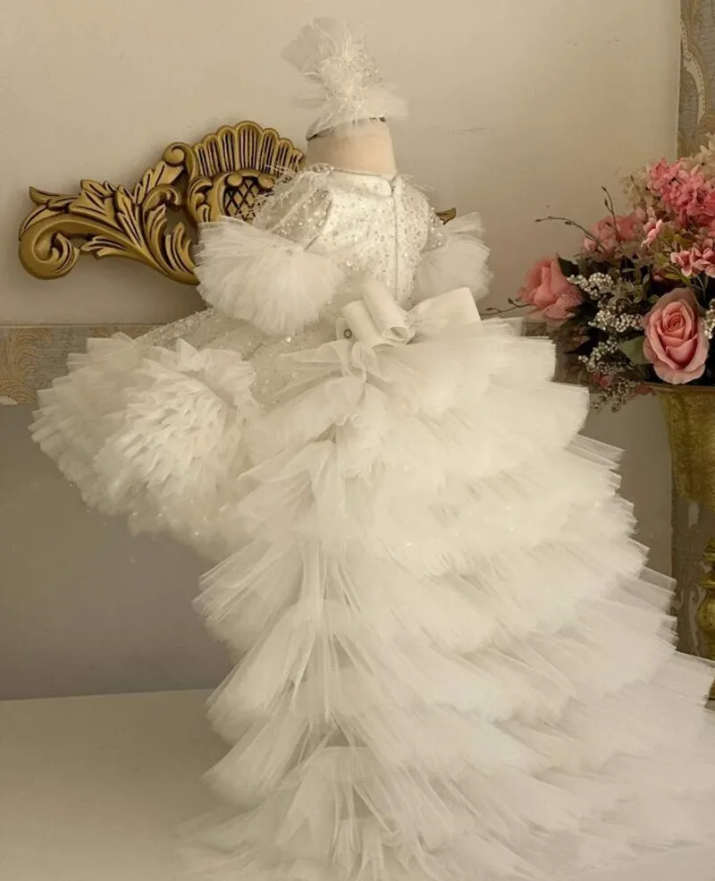 Пышное Цветочное платье с длинным шлейфом кружевное Тюлевое принцессы