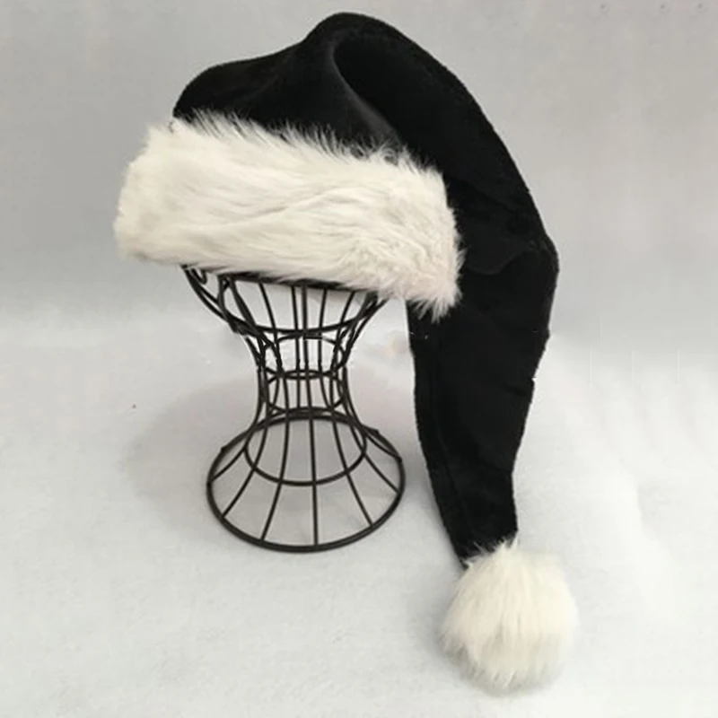 

2022 New 75cm Adult Black Plush Long Christmas Hat Xmas Costume Pompom Santa Claus Cap Dropshipping