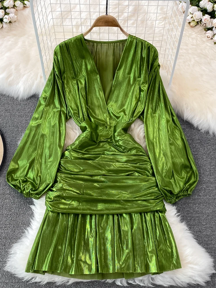 

Женское ДРАПИРОВАННОЕ мини-платье, зеленое/красное/желтое металлическое платье с V-образным вырезом, длинными рукавами-фонариками, высокой талией и оборками на подоле, новая мода
