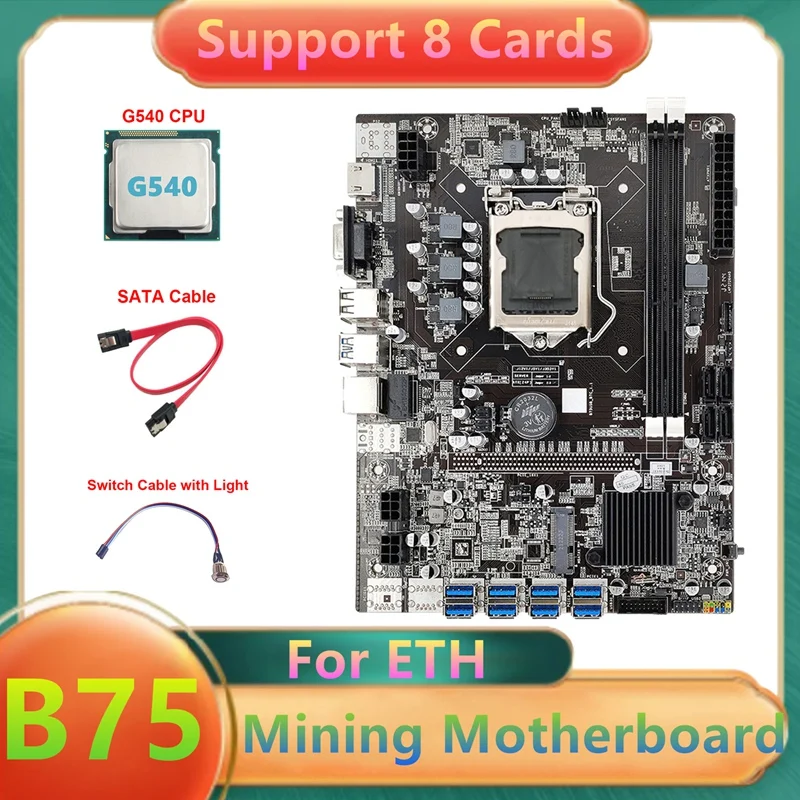 

B75 ETH Mining Motherboard 8XUSB3.0+G540 CPU+Switch Cable With Light+SATA Cable LGA1155 B75 USB BTC Miner Motherboard