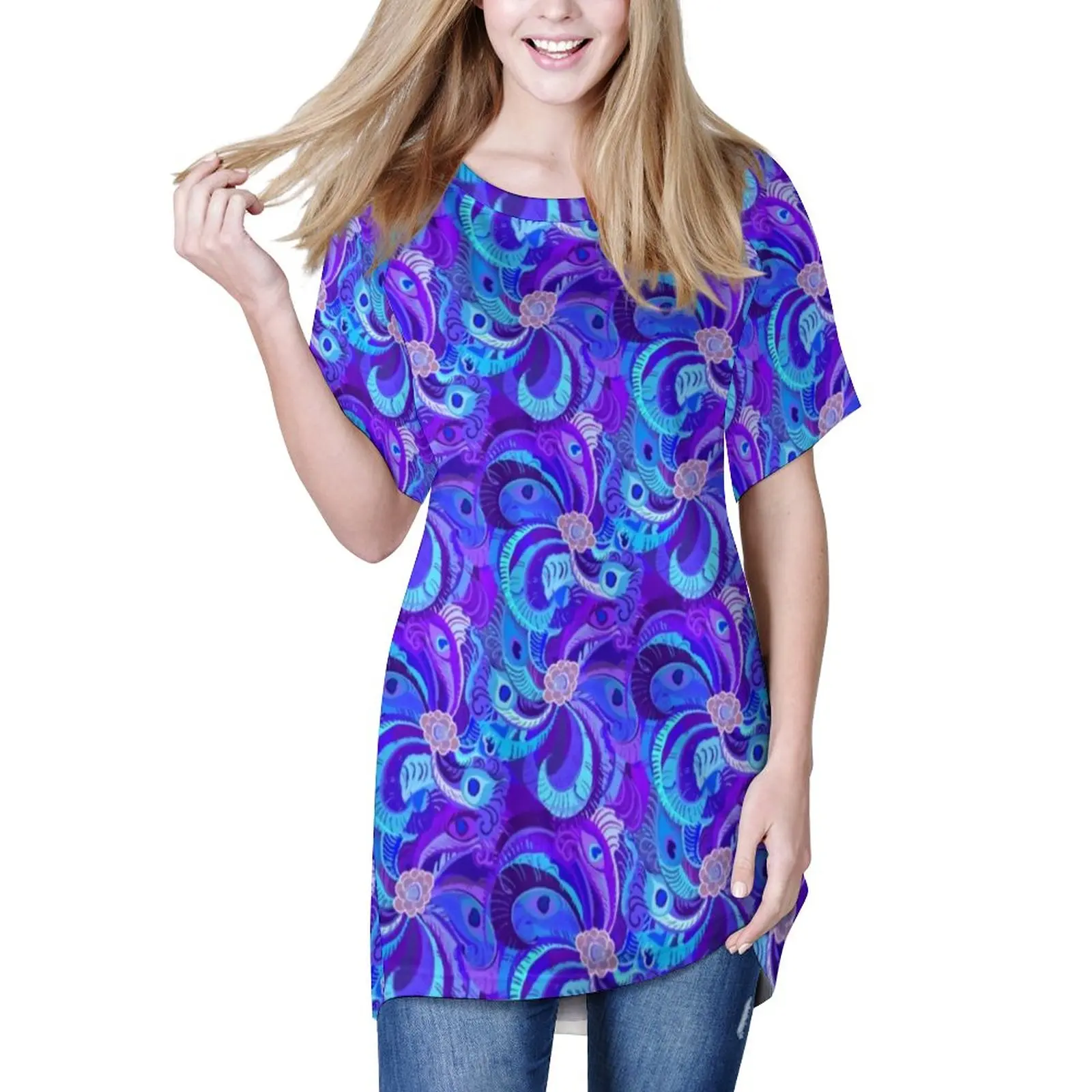 

Peacock Neck Gator T-Shirt Retro Blue Feathers Harajuku Long T-Shirts O Neck Print Tops Female Basic Tees 3XL 4XL 5XL