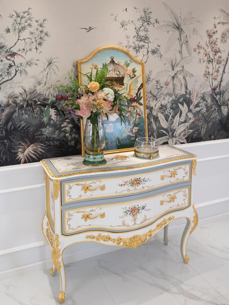 

French spot luxury hand-painted gold foil hallway porch cabinet European solid wood birch furniture locker