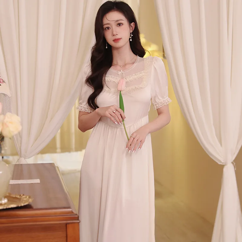 

Women's Satin Lace Sleepwear Nightgown Sleep Dress French Nightwear Short Sleeve Night Dress