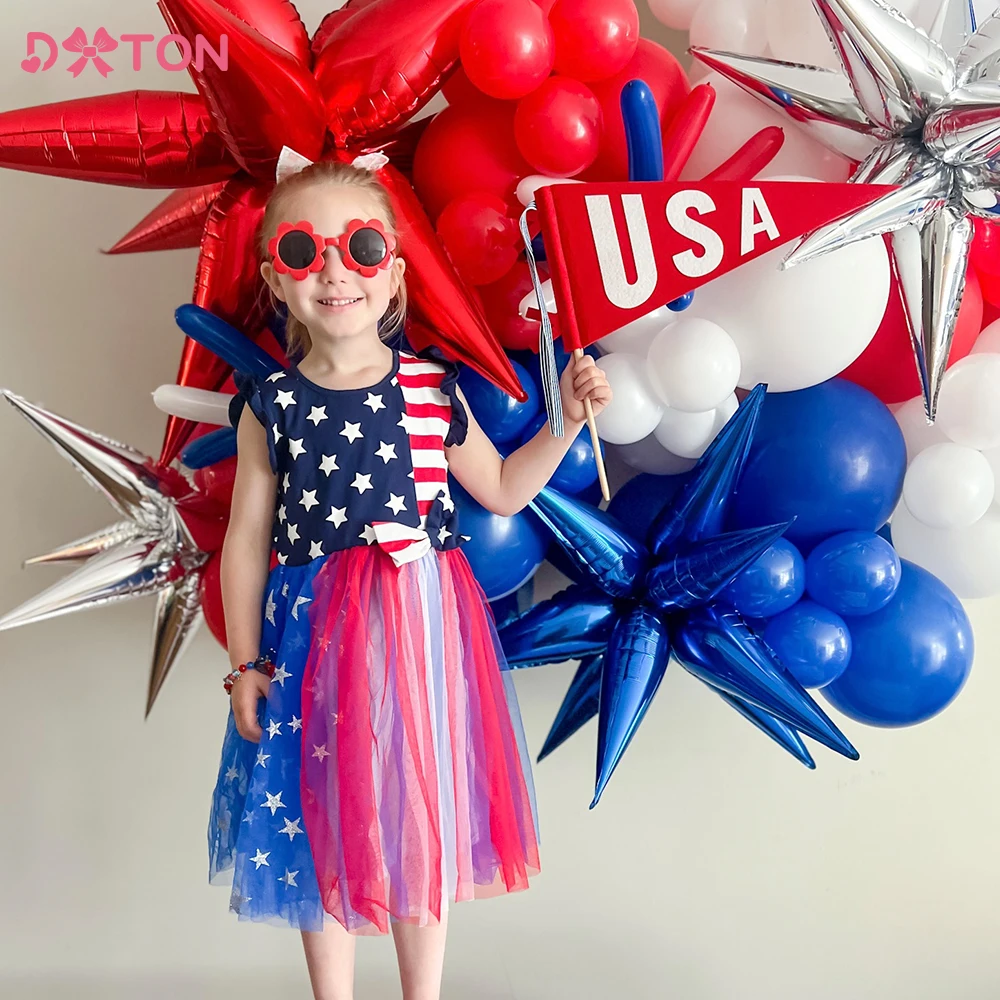 

DXTON Girls Flare Sleeve Summer Dress Children Star Print Striped Princess Elegant Patchwork Dress with Bow Knot Kids Clothing