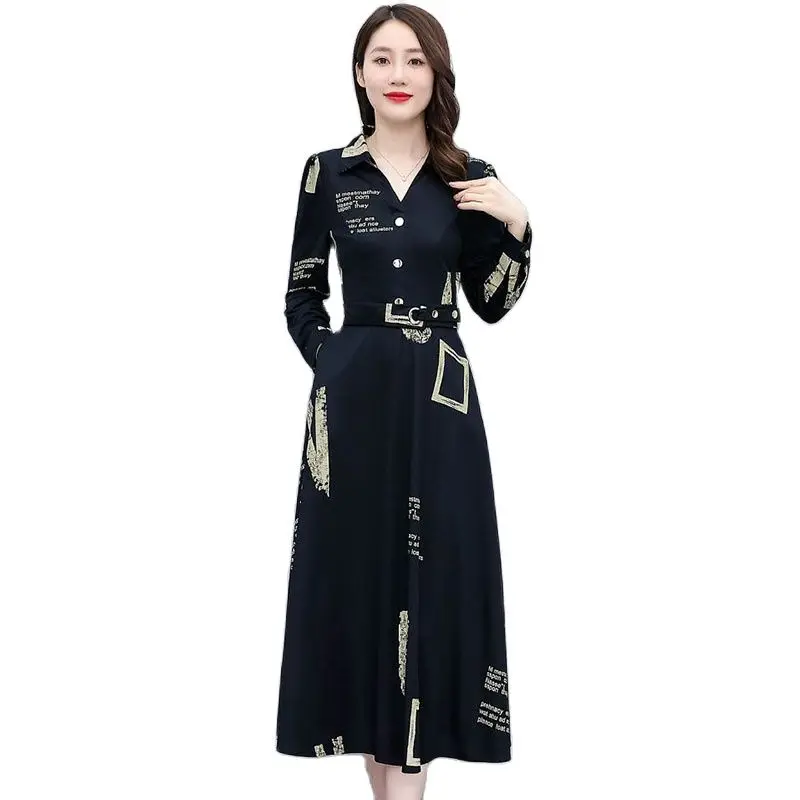 Printed Long-sleeved Ice Silk Dress Women's Spring And Autumn New Button Barty Women's Fashion Elegant Slim V-neck  Long Skirt