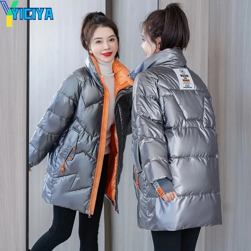 YICIYA Parkas For Women 2023 New Winter Jacket Glossy Long Coat Cotton Padded Casual Jackets Thick Warm Female Overcoat Outwear