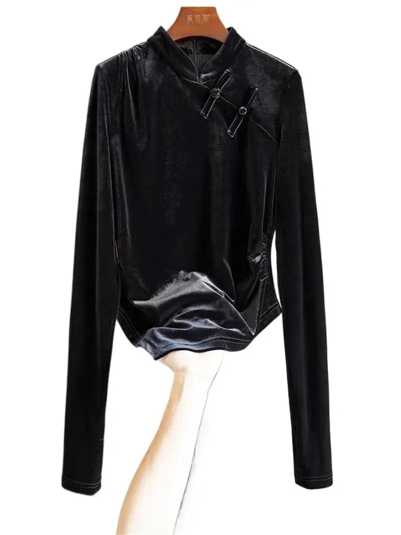 

Женская приталенная бархатная футболка с длинным рукавом и воротником-стойкой