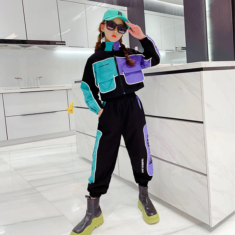 

Girls Spring Fall Tracksuit Crop Jacket Pants 2pcs Reflective Outfits Teenager Streetwear Kids Patchwork Color Clothes 12 13 14Y