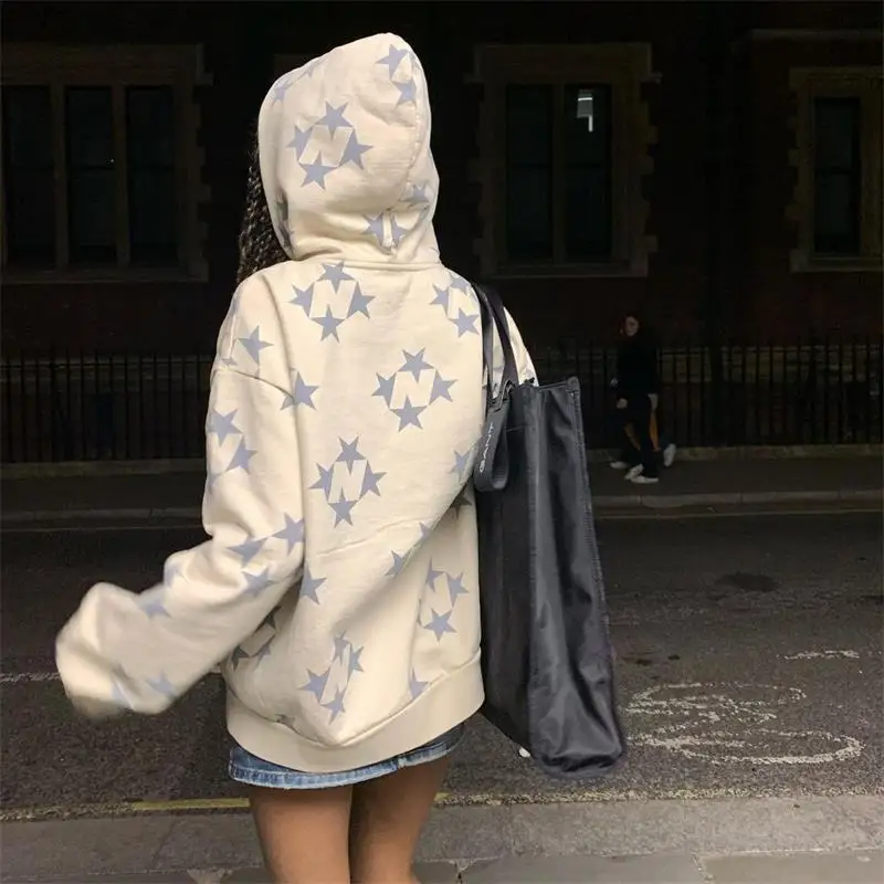 Women Vintage Star Print Hoodies Fashion Casual Zip Up Long Sleeve Loose Jacket Coats Harajuku Hooded Sweatshirts Y2k Streetwear |
