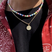 ins style creative design colorful rice beads string pearl necklace fashion men metal portrait double layer pendant necklace