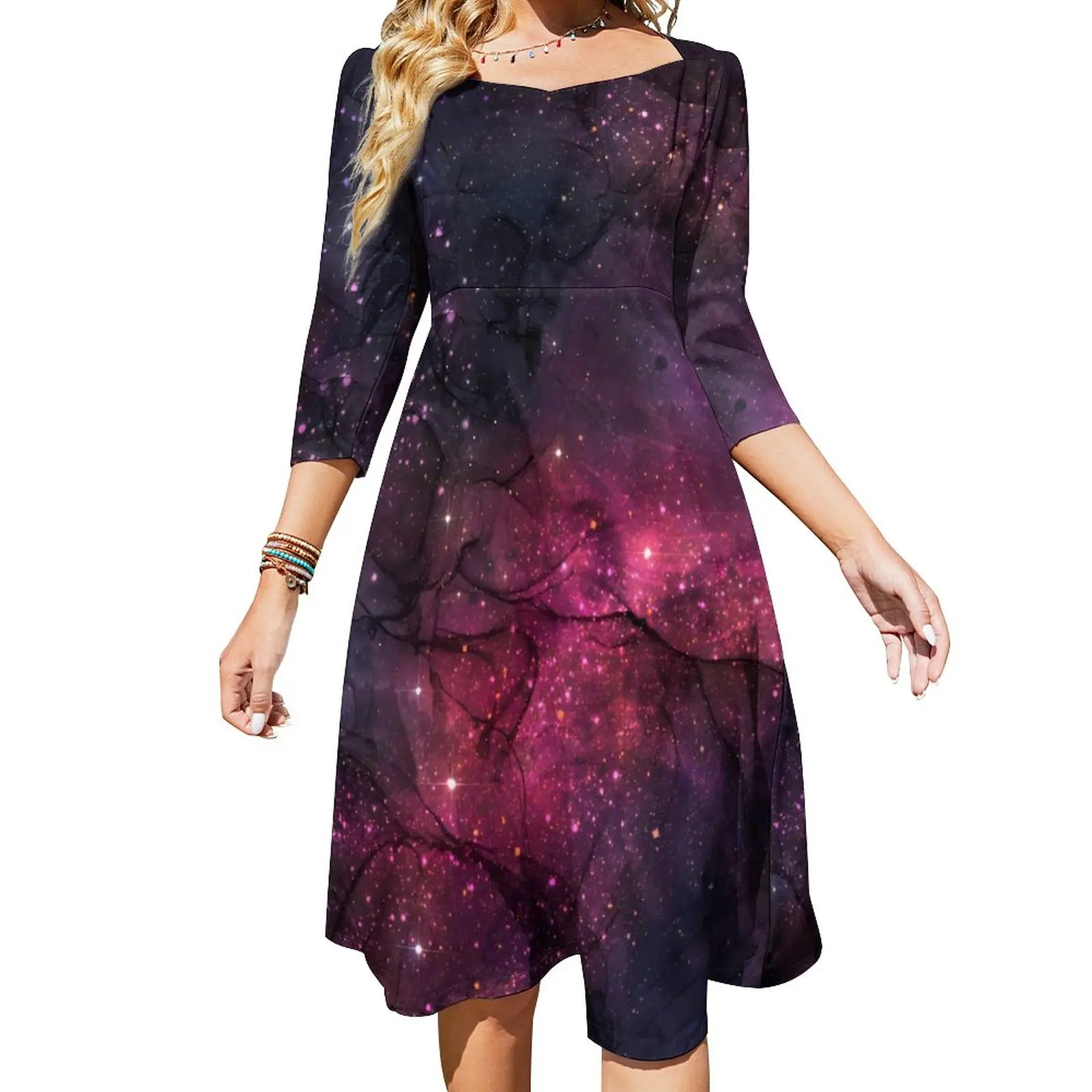 

Outer Space Galaxy Casual Dress Women Starry Stars Street Wear Dresses Elegant Dress With Bow Summer Oversize Vestido