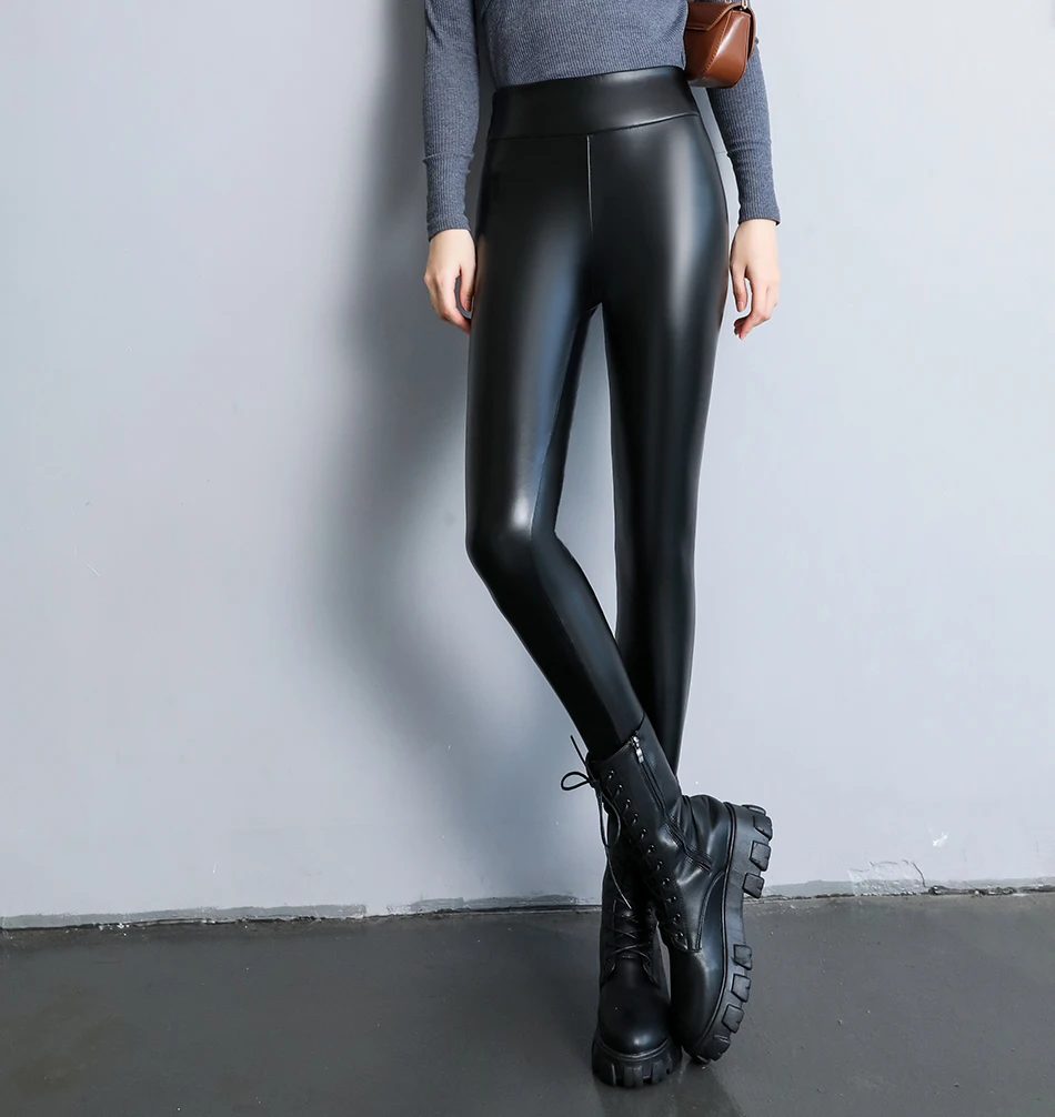 2023Women PU Pants  Spring Summer Women's Leggings High Waist Faux Leather Pants Black Slimming PU Trousers Leggings for Women