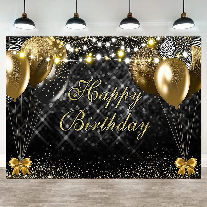 

Black And Gold Birthday Photography Backdrop For Adult Bday Party Decoration Black Golden Glitter Dots Light Balloons Background