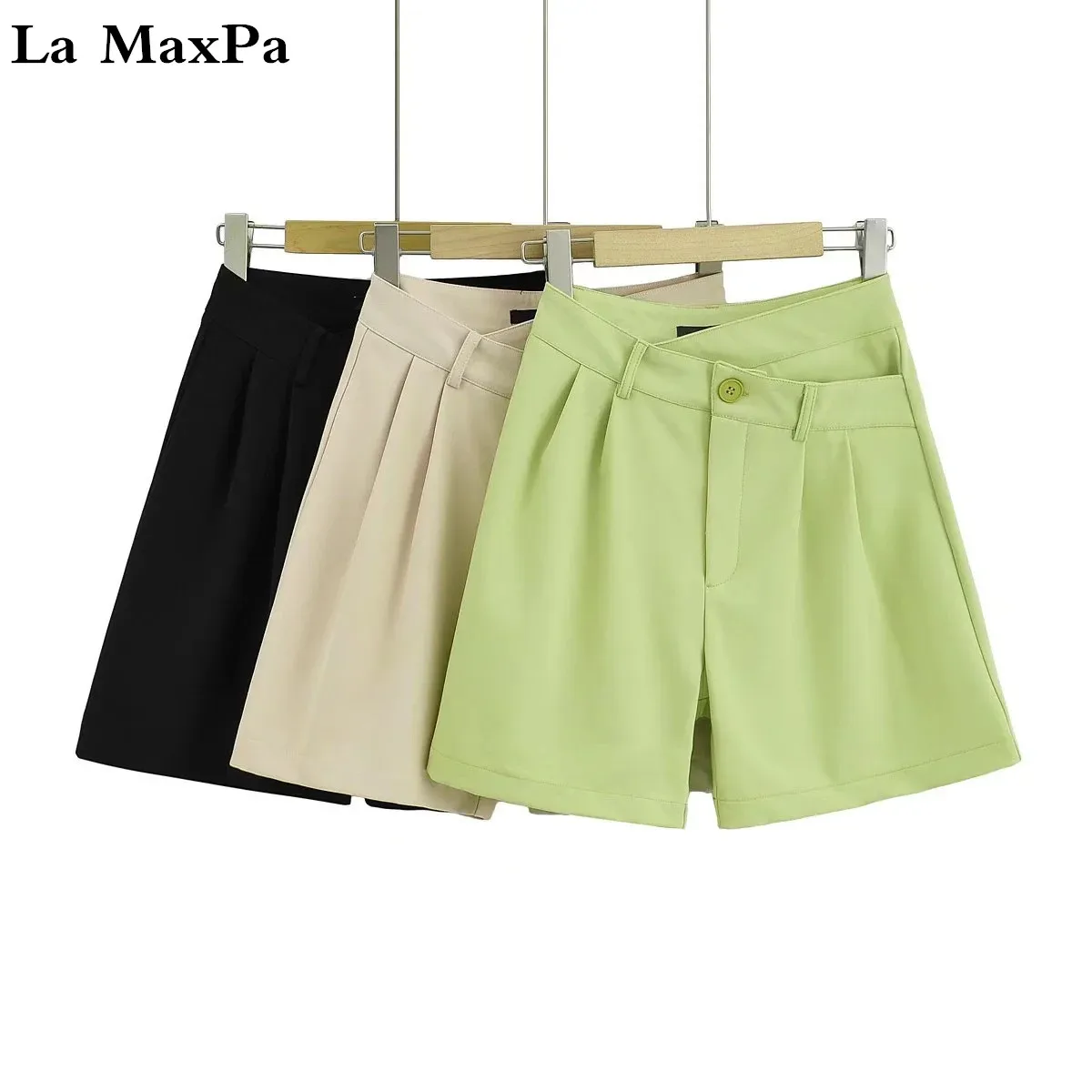 

Fashionable Irregular High Waist Women Shorts Summer Solid Pleats Zipper Fly Vintage Straight Shorts Office Lady Wear