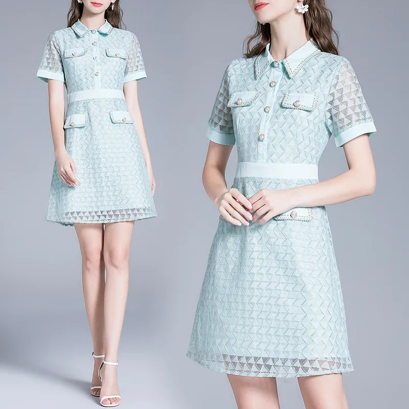 

2022 Summer Women Elegant Short-sleeved Chiffon Stacked Dress Geometric Print Casual Slim Mini Dress Princess Dress Vestidos