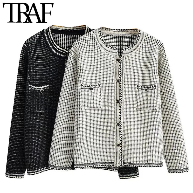 

TRAF Women Fashion With Pockets Contrast Knit Cardigan Sweater Vintage O Neck Long SLeeve Female Outerwear Chic Tops