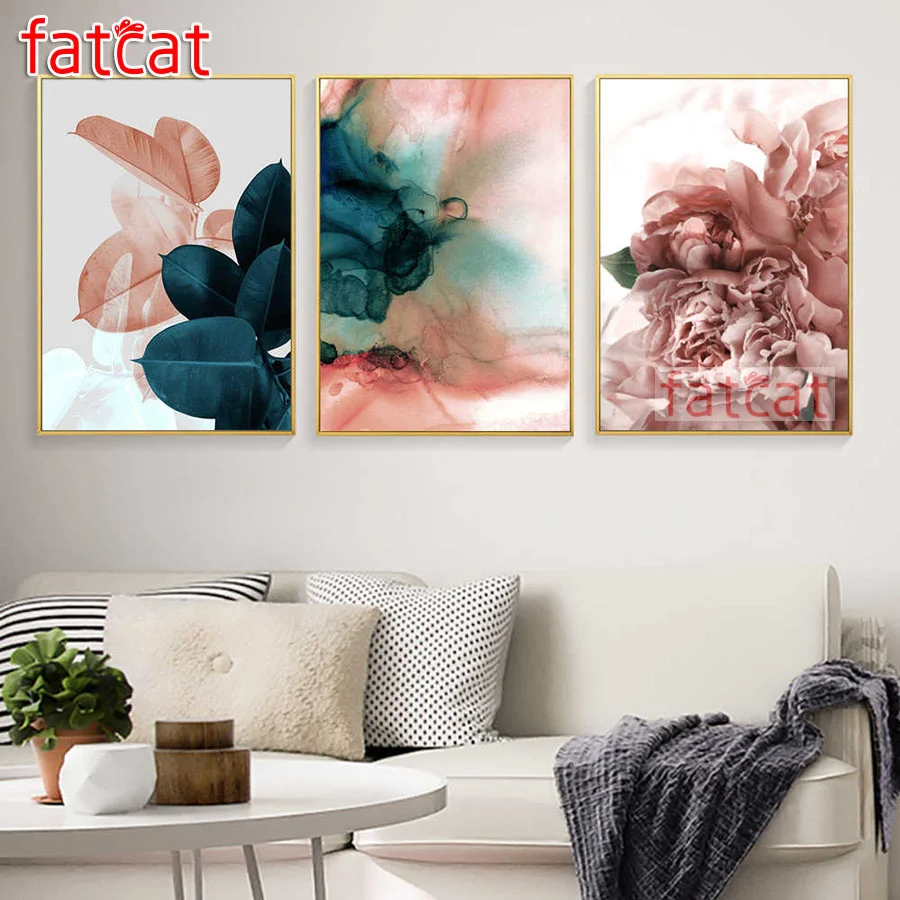 

FATCAT зеленые листья розовый цветок 3 шт. абстрактная мозаика алмазная живопись Триптих полная Стразы вышивка домашний декор AE3361