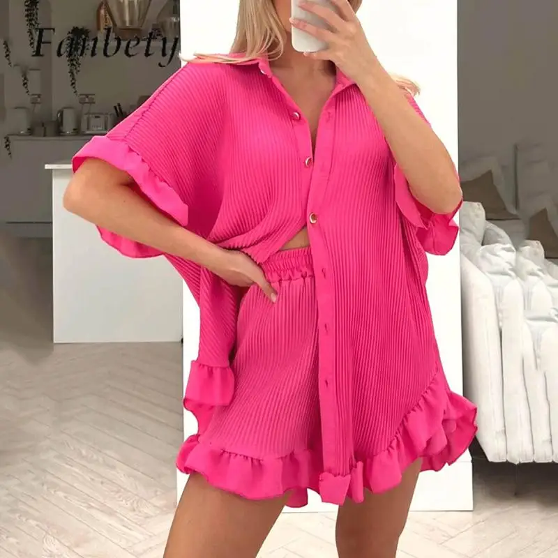 

New Fashion Striped Loose Women's Suit Summer Pleated Ruffle Shirt Two Piece Set Casual Ladies Short Sleeve Shirt and Shorts Set