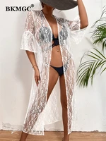 bkmgc sunscreen women cardigan white lace seaside holiday jacket bikini half transparent blouse beach cover up 2808