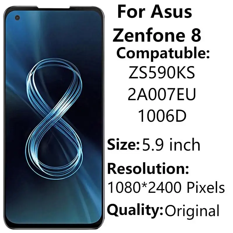 

5,9 "оригинальный AMOLED для Asus Zenfone 8, ЖК-дисплей с рамкой ZS590KS-2A007EU 1006D, ЖК-экран с сенсорной панелью и дигитайзером в сборе