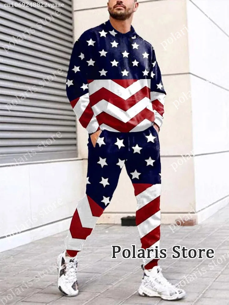 American Flag Tracksuit Men USA Pants 2 Piece Outfit Long Sleeve T Shirt Set Trousers Sweatpants Jogging Suits Oversized Clothes