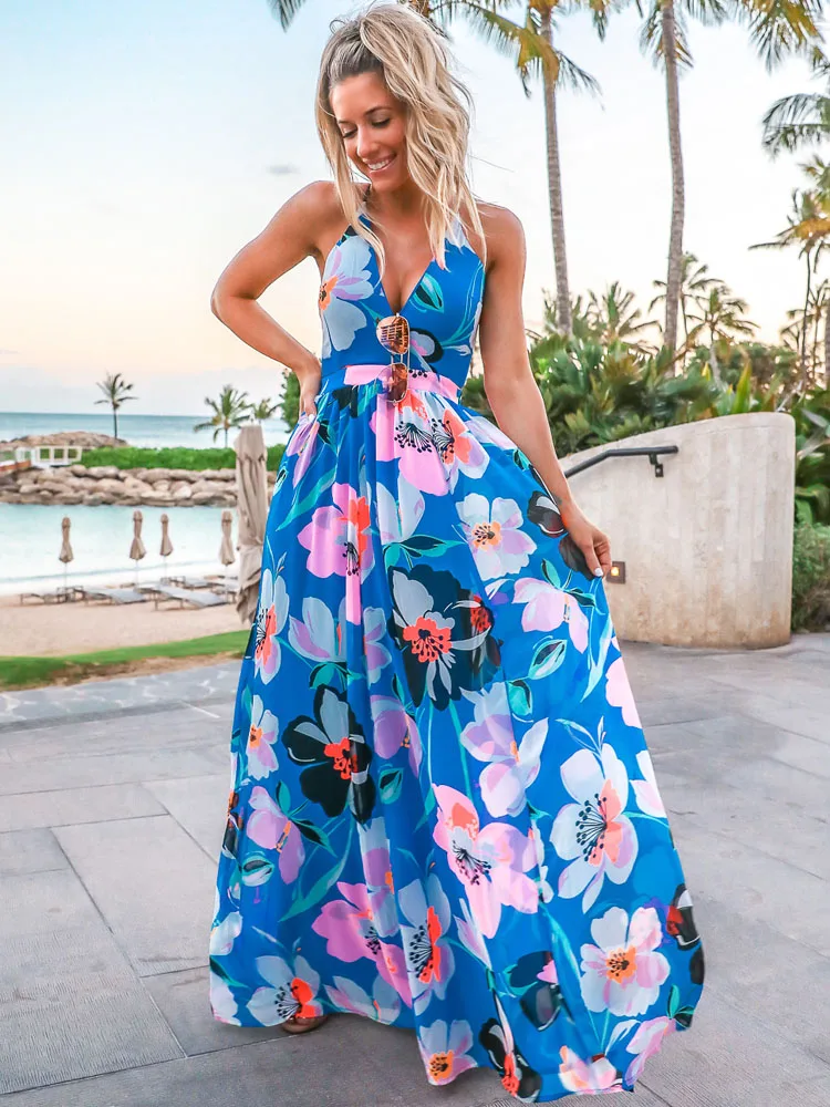 

2023 Лето Богемская длинное платье с глубоким v-образным вырезом с открытой спиной и сексуальным На бретелях вырезом с цветочным принтом