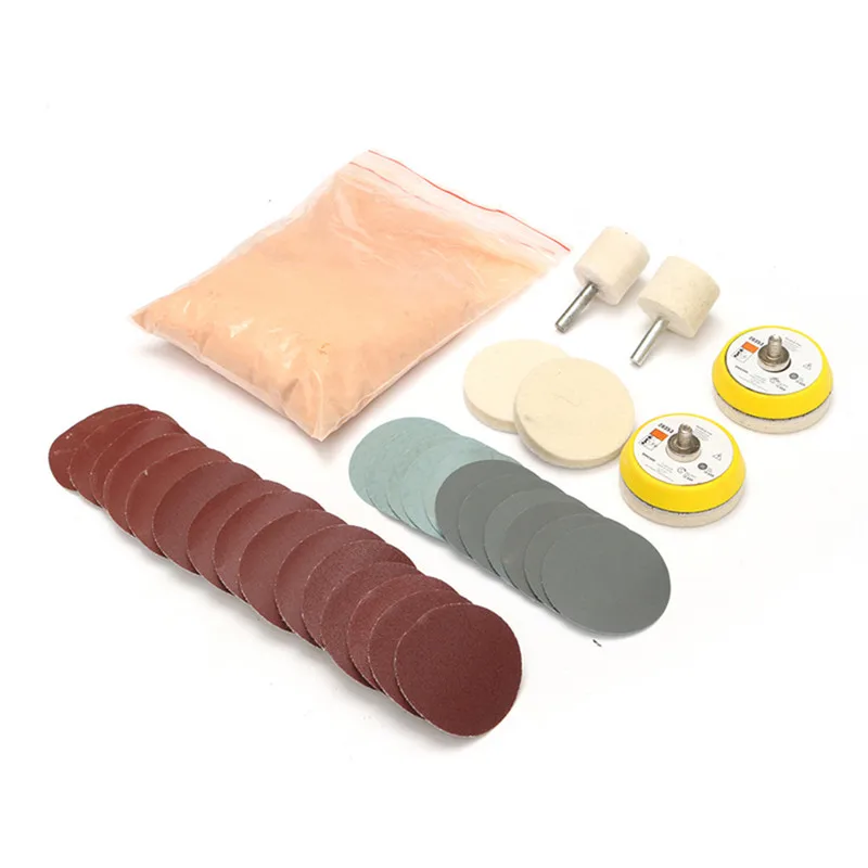 

39Pcs Watch Glass Polishing Kit 230g Cerium Oxide Powder+2pc Backing Pad+2pc Wool Felt Polishing Wheel+30pc Sanding Paper Grits
