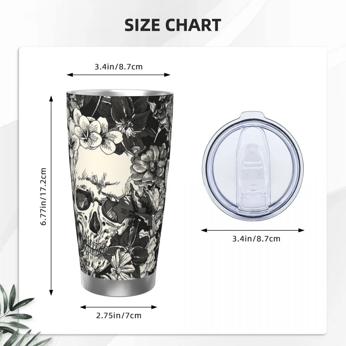 Изолированный стакан с крышкой и черепами розами Готическая Термокружка Из