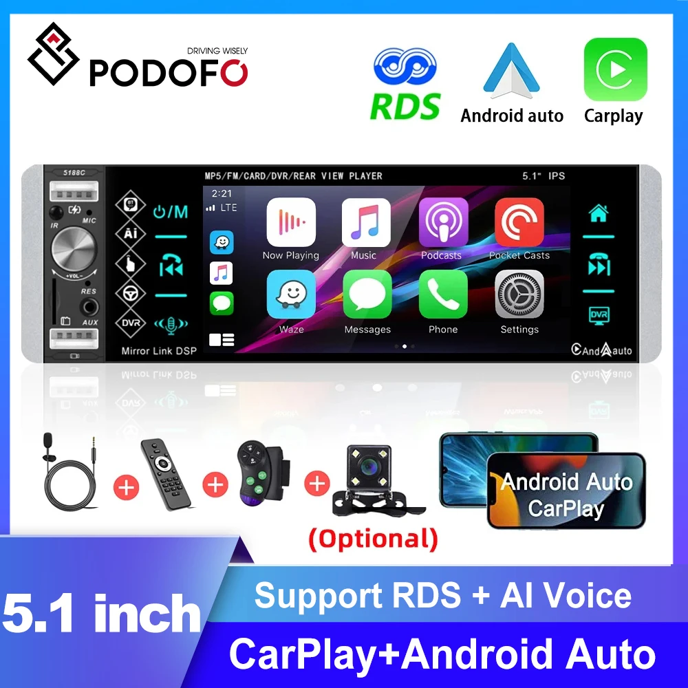 Podofo 1 Din Carplay Car Radio Receiver Bluetooth Autoradio 