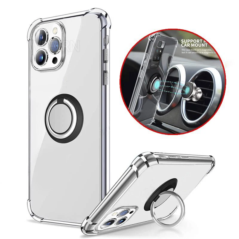 

Shockproof Ring Holder Case For iPhone 13 Pro Max 12 11 Pro Magnetic Transparent Camera Protector Silicone Soft Cover 13 Pro Max