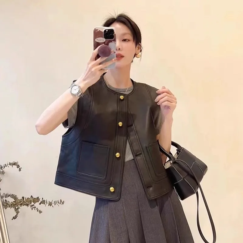 Роскошный свободный жилет из натуральной овчины с женским дизайном однобортный