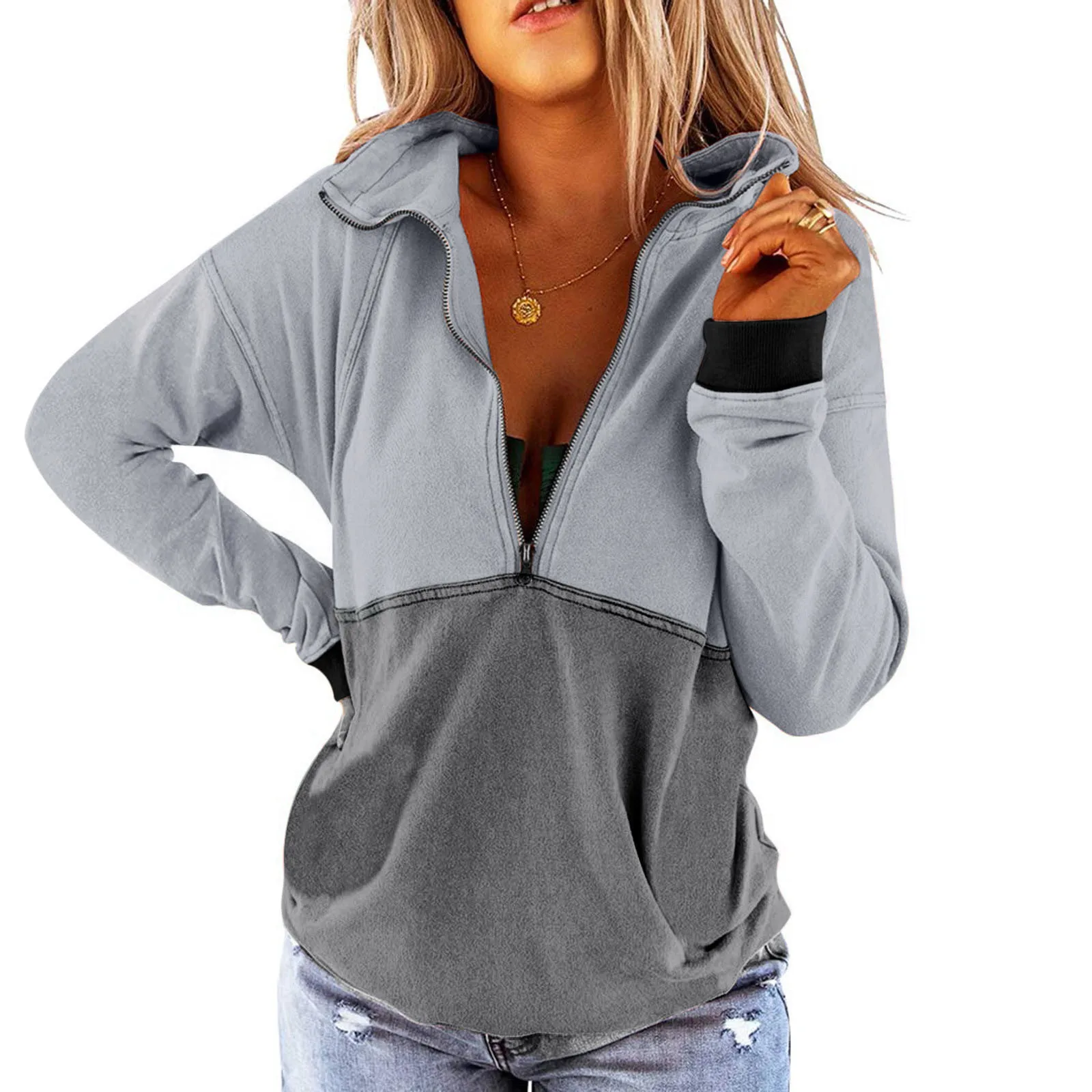 

Color Women's Solid Casual Top Zipper Pullover Sweater Women's Hoodies & Sweatshirts Woman Hoodies Womens Zipped Hoodies
