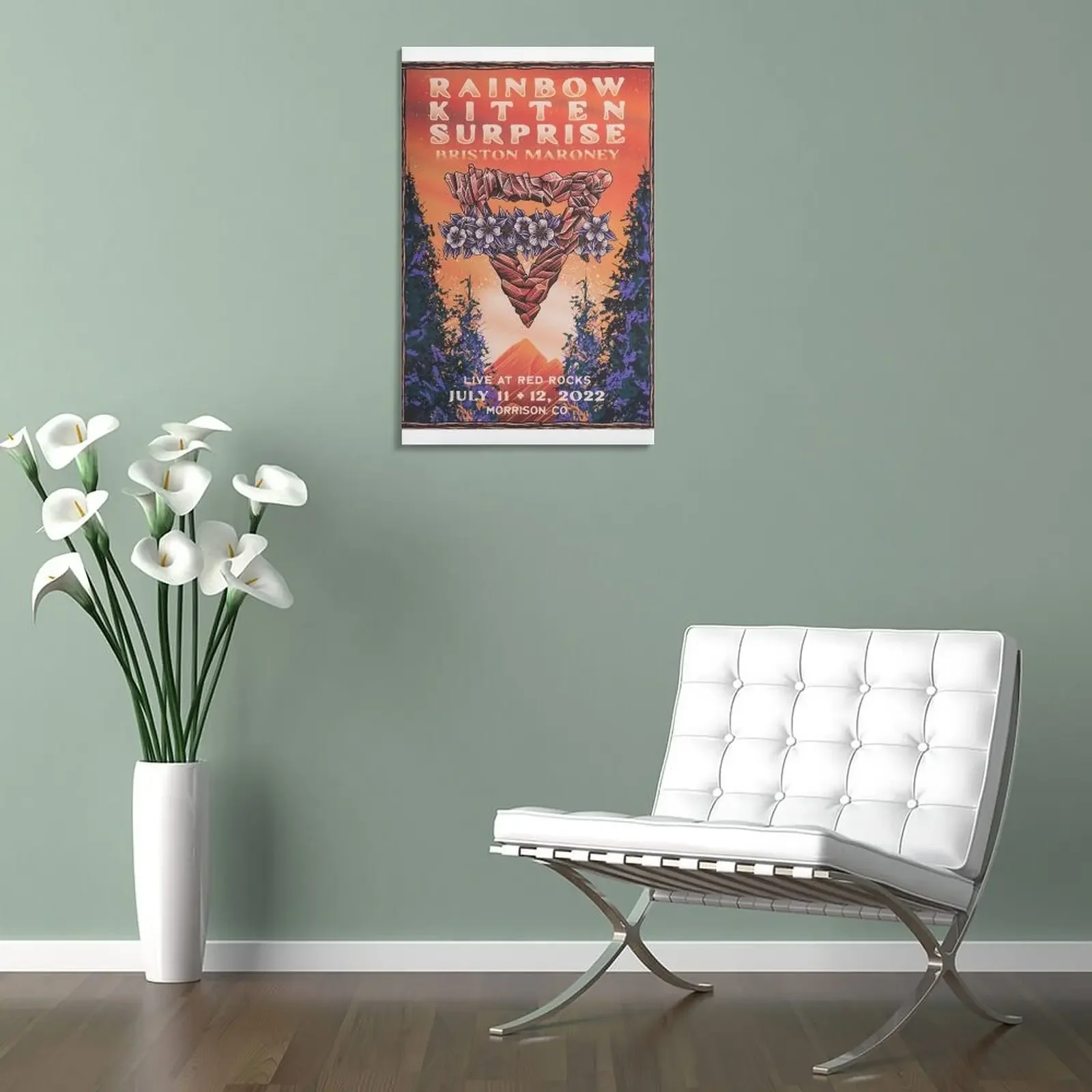 Радужный котенок сюрприз на красной скале волшебная луна зеленая Картина холсте