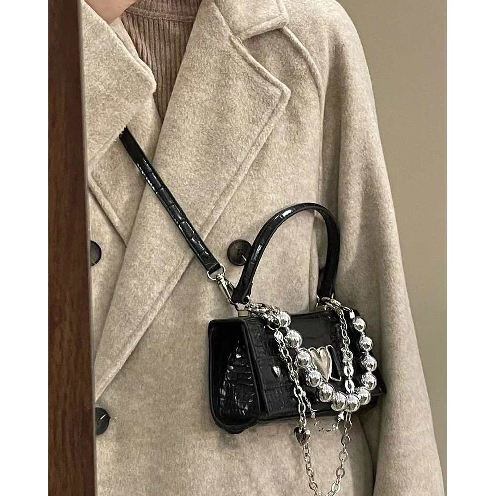 Fashion Alligator Women's Handbags Beading Chains Crossbody Bags for Women Heart Lock Catch Shoulder Bag Crocodile Pattern Flap