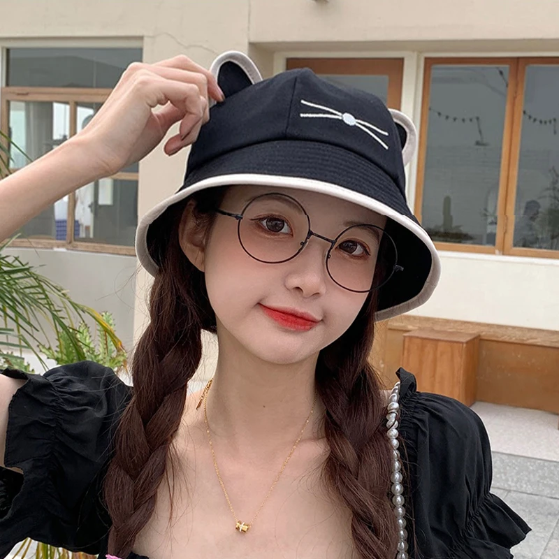 Cat Whiskers Shade Bucket Hat Kawaii Japanese Girl Fisherman Hats Cute Woman Summer Sunscreen Panama Cap Outdoor Beach Sun Caps