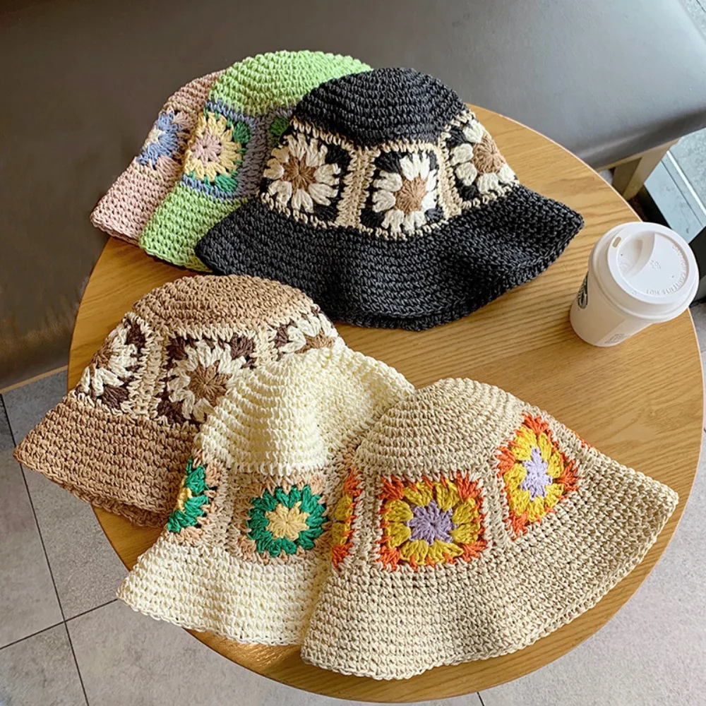 

Japan Breathable Bucket Hat Summer Crochet Pure Hand-woven Hat Beach Straw Hat Fisherman Hat Sunshade Hat