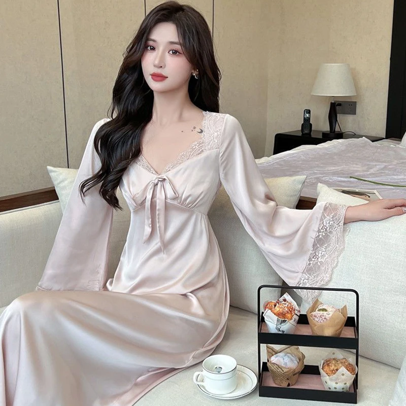 

Spring Autumn Nightgownsamp; Sleepshirts Womens Long Sleeve Satin Sleepwear Home Nightshirt Women Causal Ladies Long Women Dress