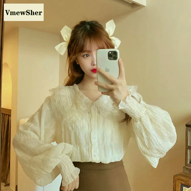 

VmewSher New Vintage Spring Women Shirt Chiffon Folds Long Puff Sleeve Peter Pan Collar Solid Blouse Elegant Lace Splice Tops