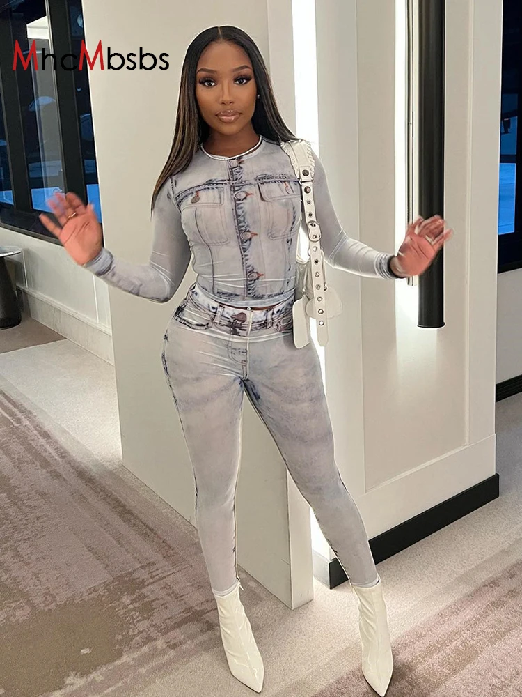 

Женский комплект из двух предметов, Облегающая джинсовая куртка с круглым вырезом и длинным рукавом + джинсы-карандаш с высокой талией, лето...