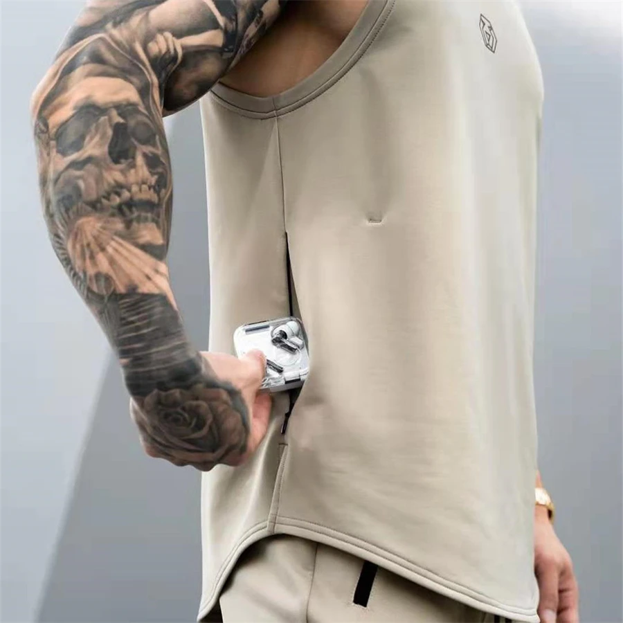 

Pocket Tank Top Gym Stringer Men Bodybuilding Clothing Cotton Sleeveless Shirt Man Fitness Vest Singlet Sportwear Workout Tops