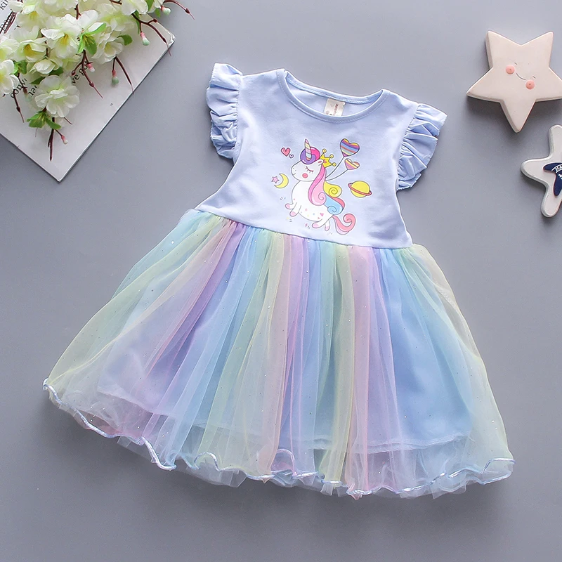 

Girls Colorful Unicorn Dress Summer Sleeveless Dresses Children Cartoon Fly-sleeve Vestidos 3-7Y Lace Clothes Kids Mesh Clothing