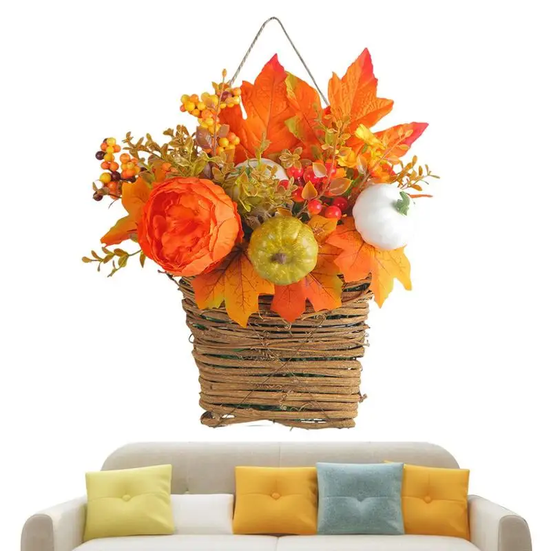 

Autumn Wreath Artificial Maple Leaf Pumpkin Basket Door Decoration Farmhouse Harvest Party Supplies For Wall Fireplace Front