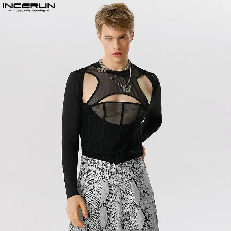

INCERUN Tops 2023 American Style New Men's Fashion Hollow Patchwork See-through Mesh T-shirts Casual Long Sleeved Camiseta S-5XL