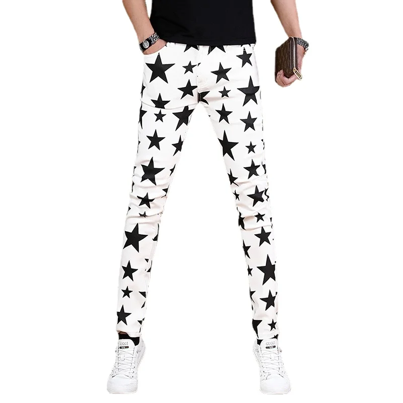 White Jeans Men Summer Fashion Stars Digital Printing Pants Streetwear Casual Straight Slim Fit Denim Trousers CP1633