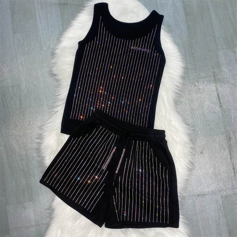 Vertical Striped Rhinestone Shorts Women's Fashionable Summer New Elastic Waist Casual Black Wide Leg Short Pants Hot Pants