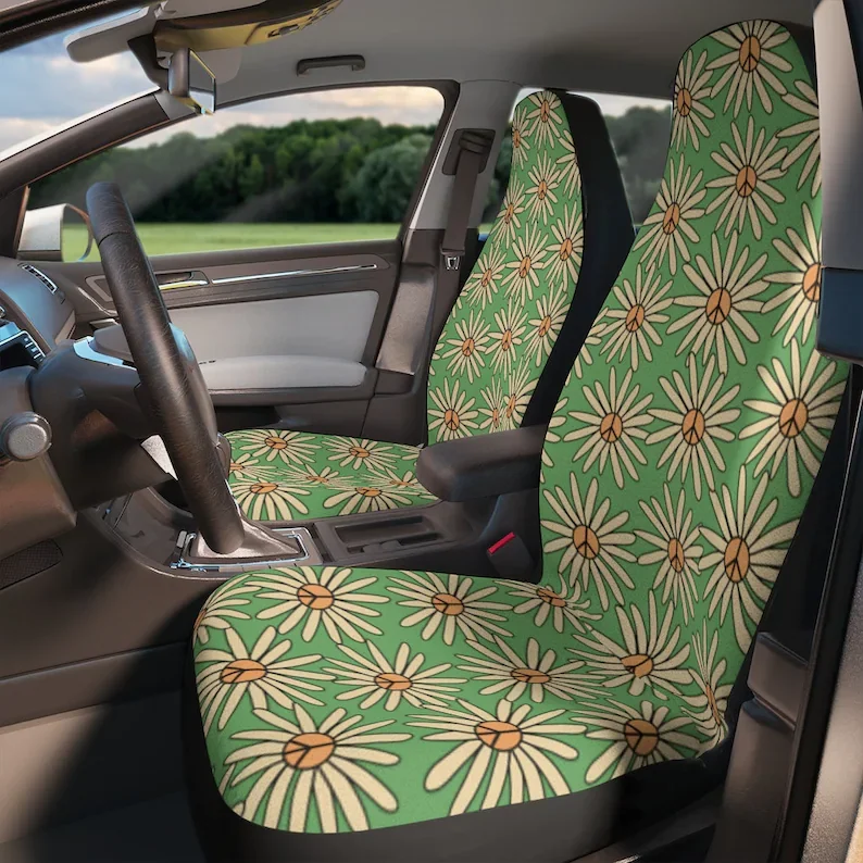

Sage Green Peace Sign Boho Car Seat Cover for Women Universal Fit, Cute Flowers Front Bucket Seat Cover for Car Vehicle, New Car