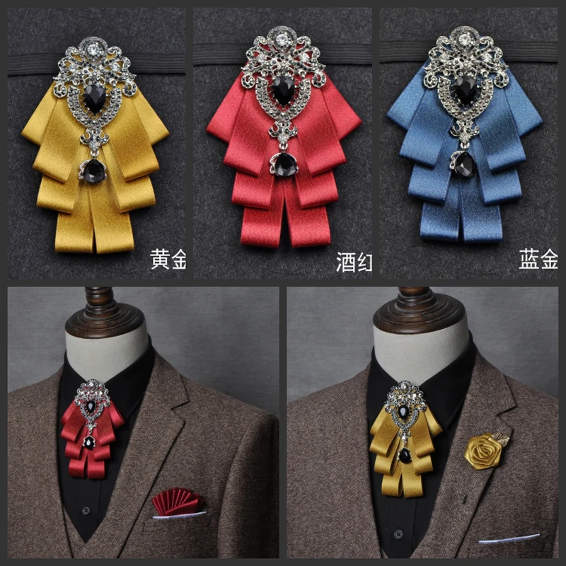 

Luxury Black Rhinestone Bow Tie for Men's Wedding Groomsman High-end British Boy Business Suit Shirt Handmade Bowtie Corsage Set