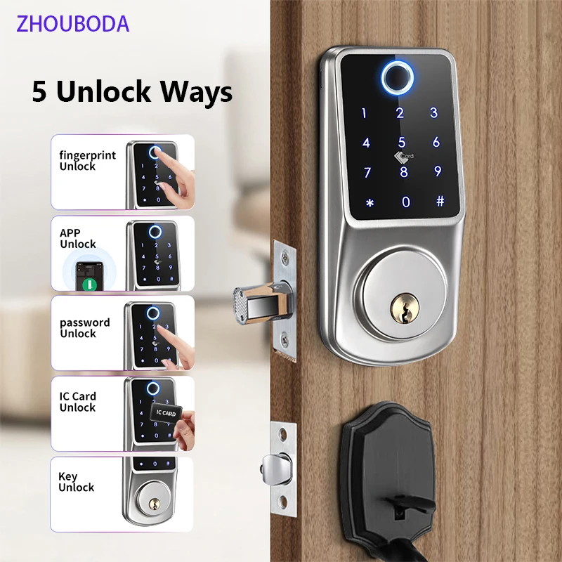 

Tuya Wifi APP Electronic Smart Door Lock Biometric Fingerprint Digital Code IC Card Deadbolt Automatic Latch Lock Keyless Entry